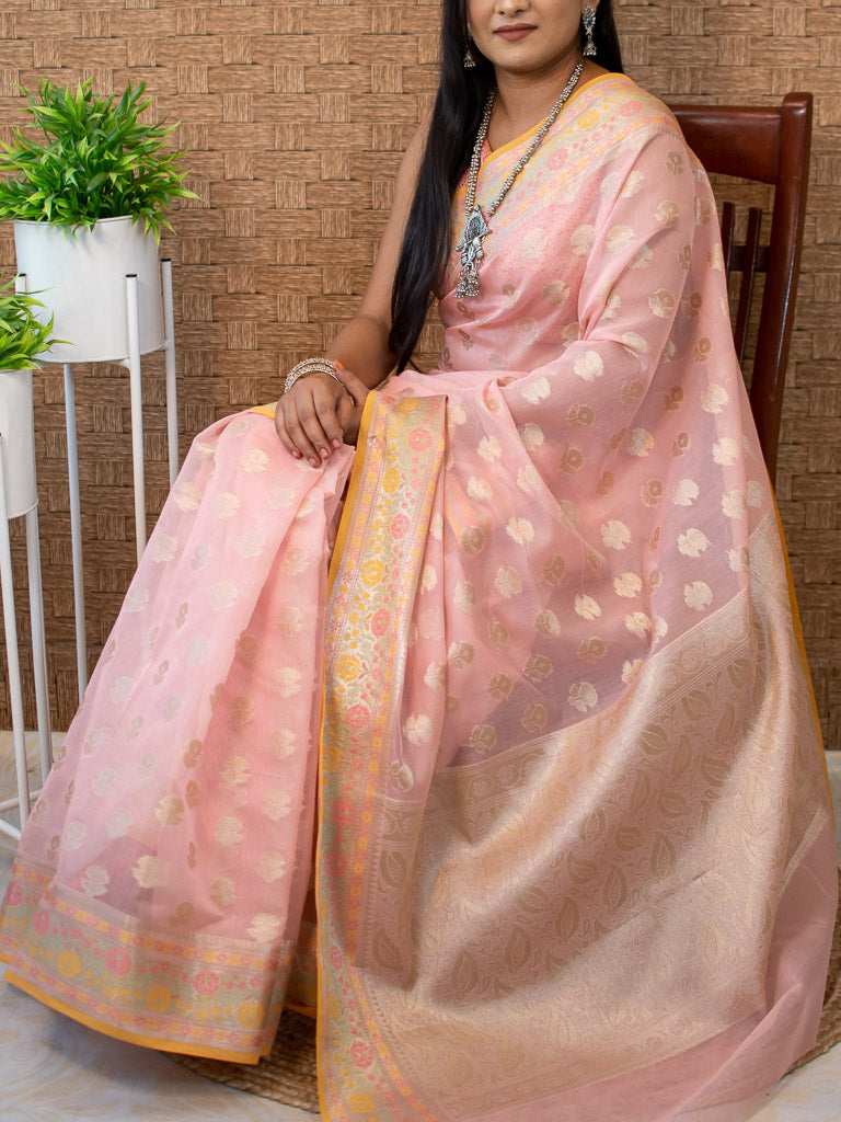 Banarasi Cotton Silk Resham & Zari Multi Coloured Weaving Saree-Pink