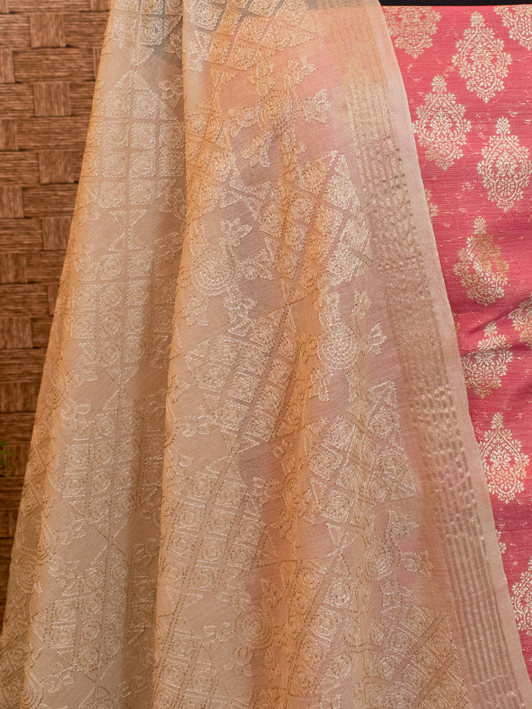 Banarasi Cotton Silk Salwar Kameez Fabric Resham Weaving & Jaal Dupatta-Pink & Beige