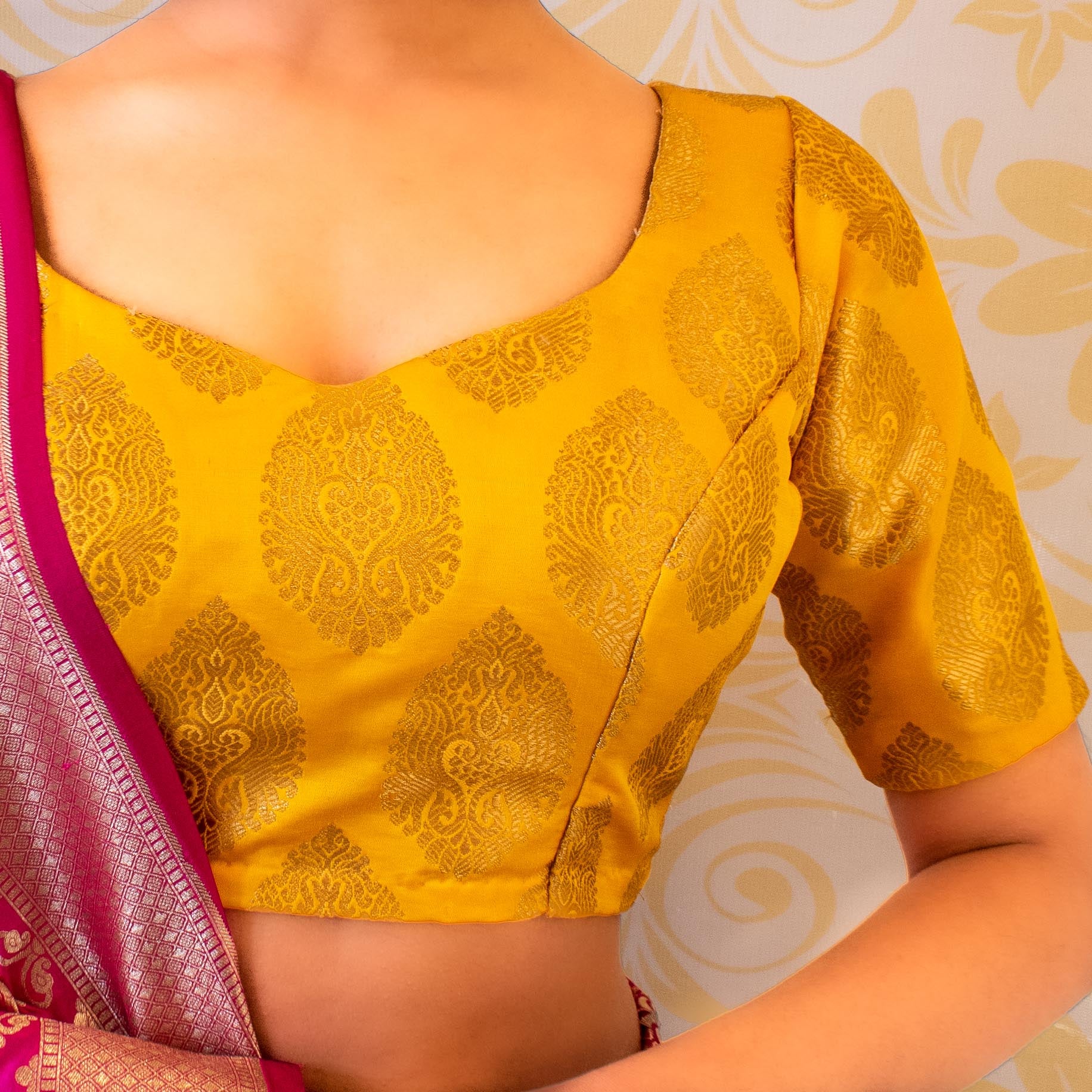Butter yellow V neck brocade blouse with back detailing – House of