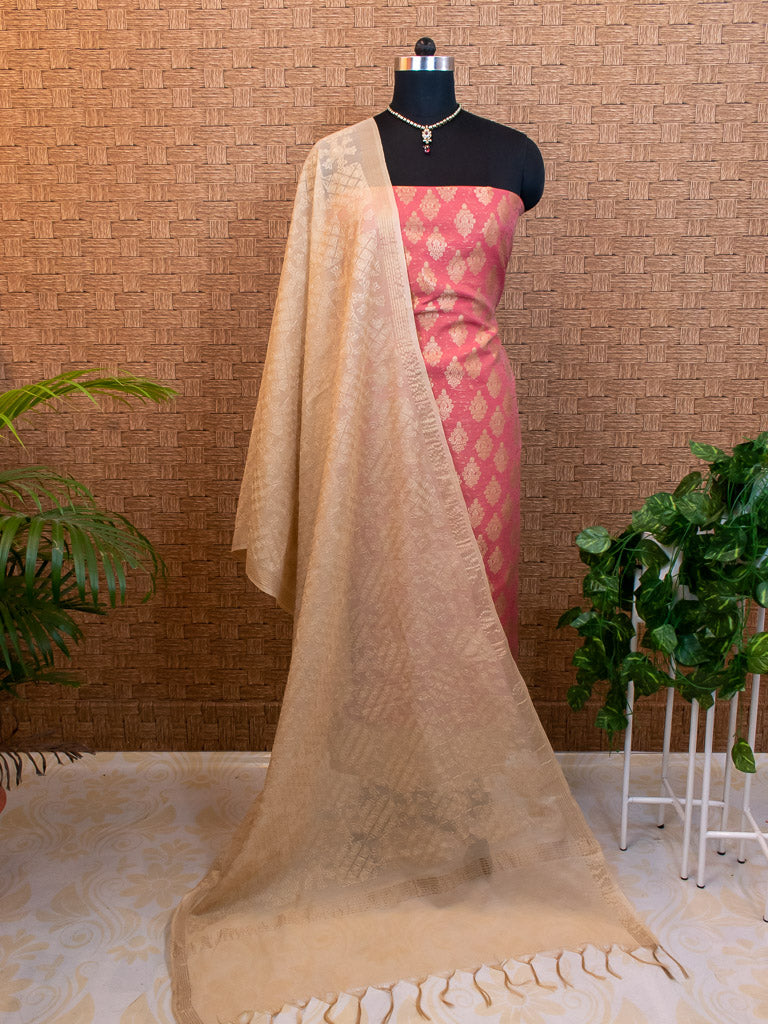 Banarasi Cotton Silk Salwar Kameez Fabric Resham Weaving & Jaal Dupatta-Pink & Beige