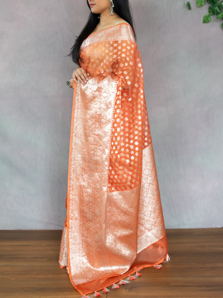 Banarasi Kora Saree With Silver Zari Buti Weaving-Orange