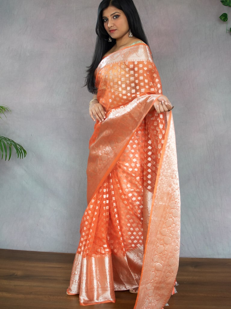 Banarasi Kora Saree With Silver Zari Buti Weaving-Orange