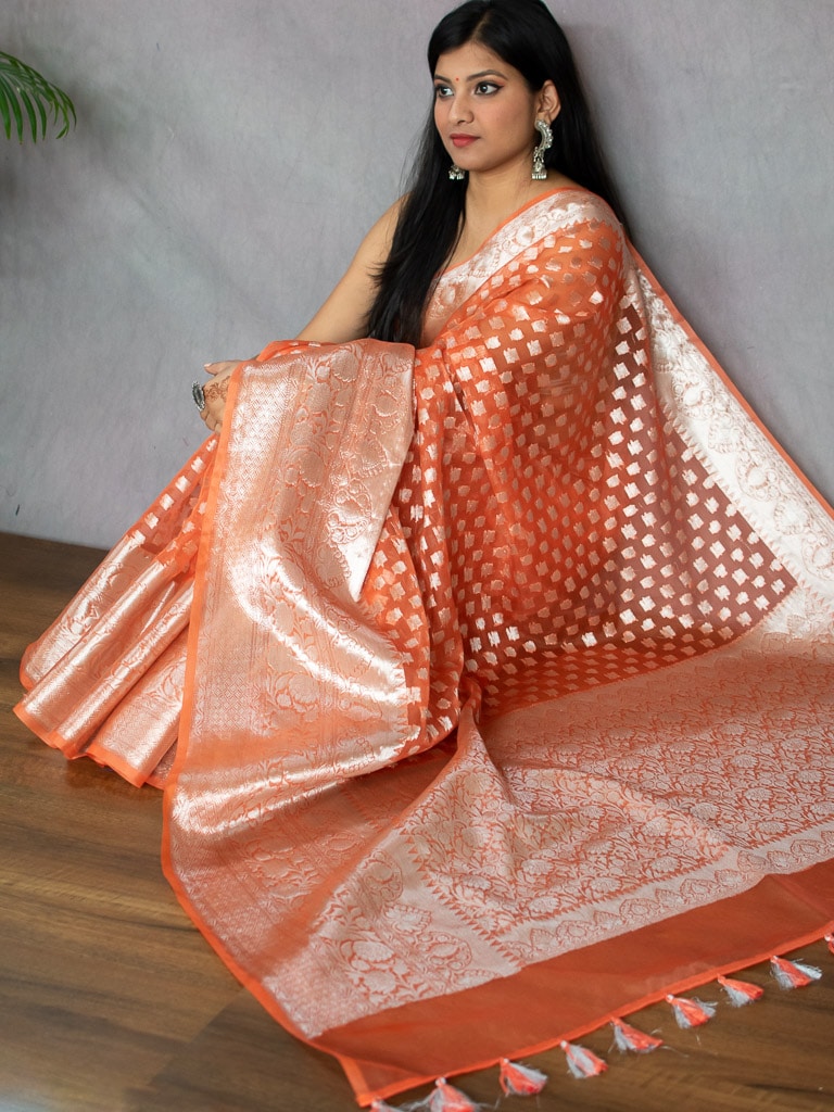 Banarasi Kora Saree With Silver Zari Buti Weaving-Orange