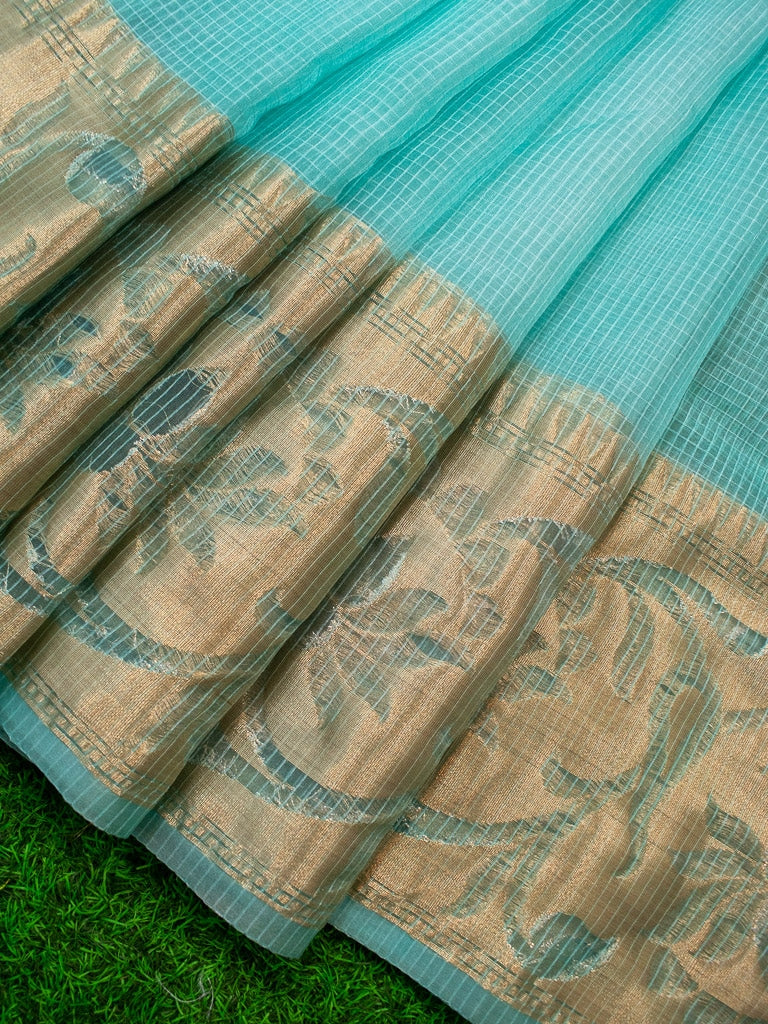 Banarasi Soft Net Saree With Antique Weaving Design-Light Blue