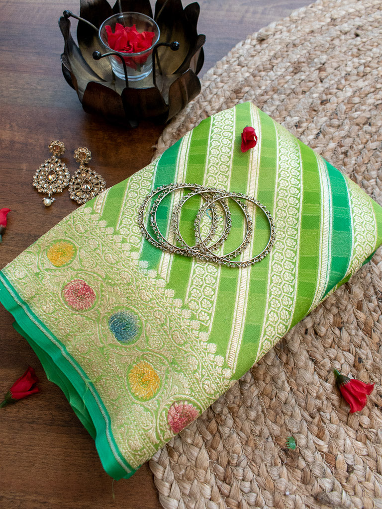 Banarasi Pure Khaddi Georgette Saree With Aada Zari Weaving & Handpainted Border-Green