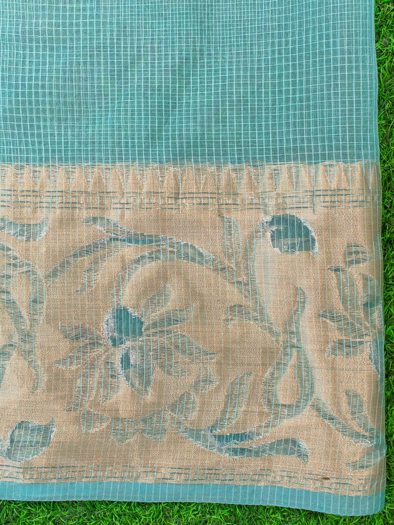 Banarasi Soft Net Saree With Antique Weaving Design-Light Blue