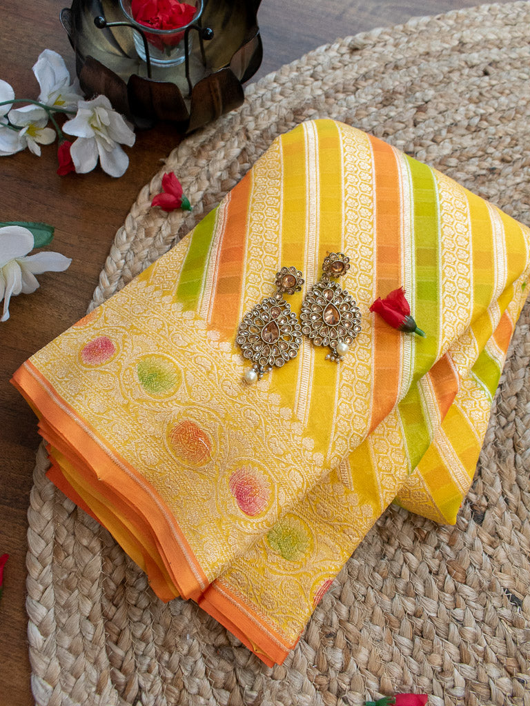 Banarasi Pure Khaddi Georgette Saree With Aada Zari Weaving & Handpainted Border-Yellow