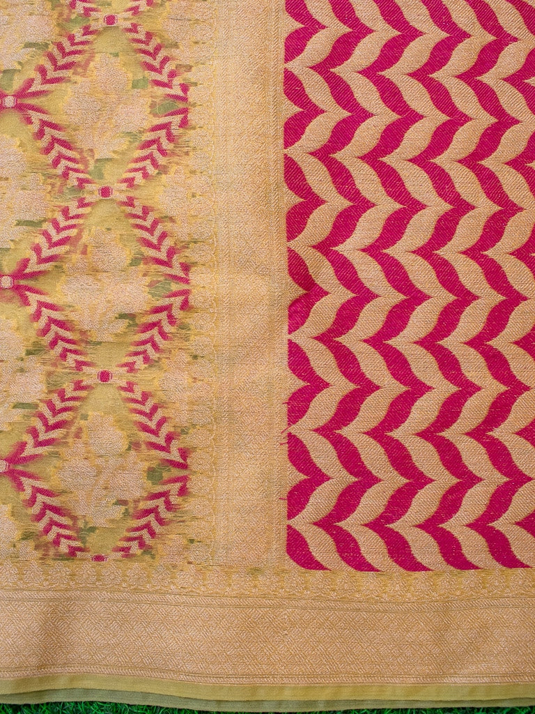 Banarasi Semi Georgette Saree With Zari Jaal Weaving-Orange & Green