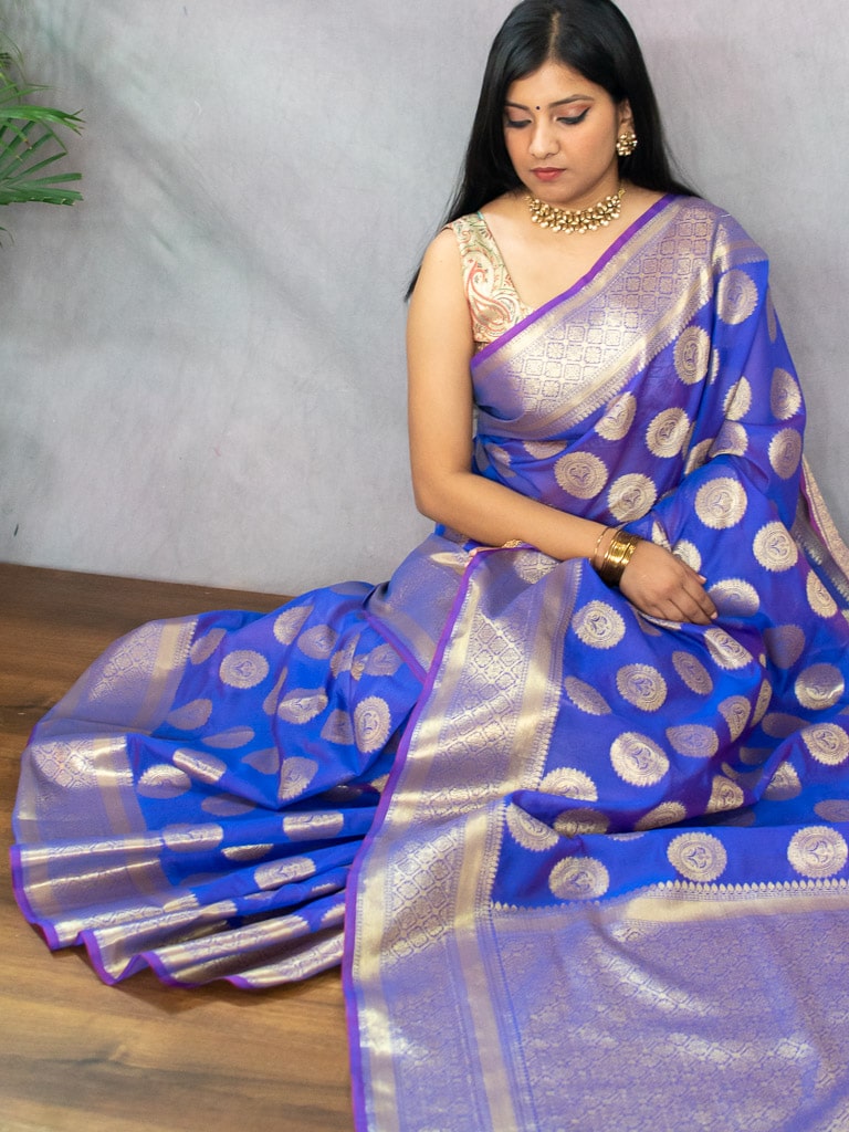 Banarasi Semi Silk Saree With Antique Zari Buta Weaving-Purple