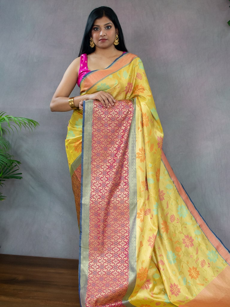 Banarasi Semi Silk Saree With Meena Floral & Zari Jaal Weaving & Skirt Border-Yellow