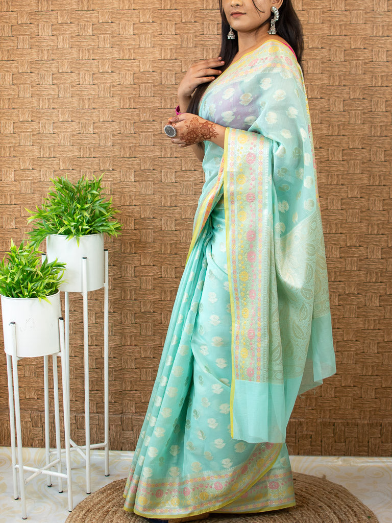 Banarasi Cotton Silk Resham & Zari Multi Coloured Weaving Saree-Blue
