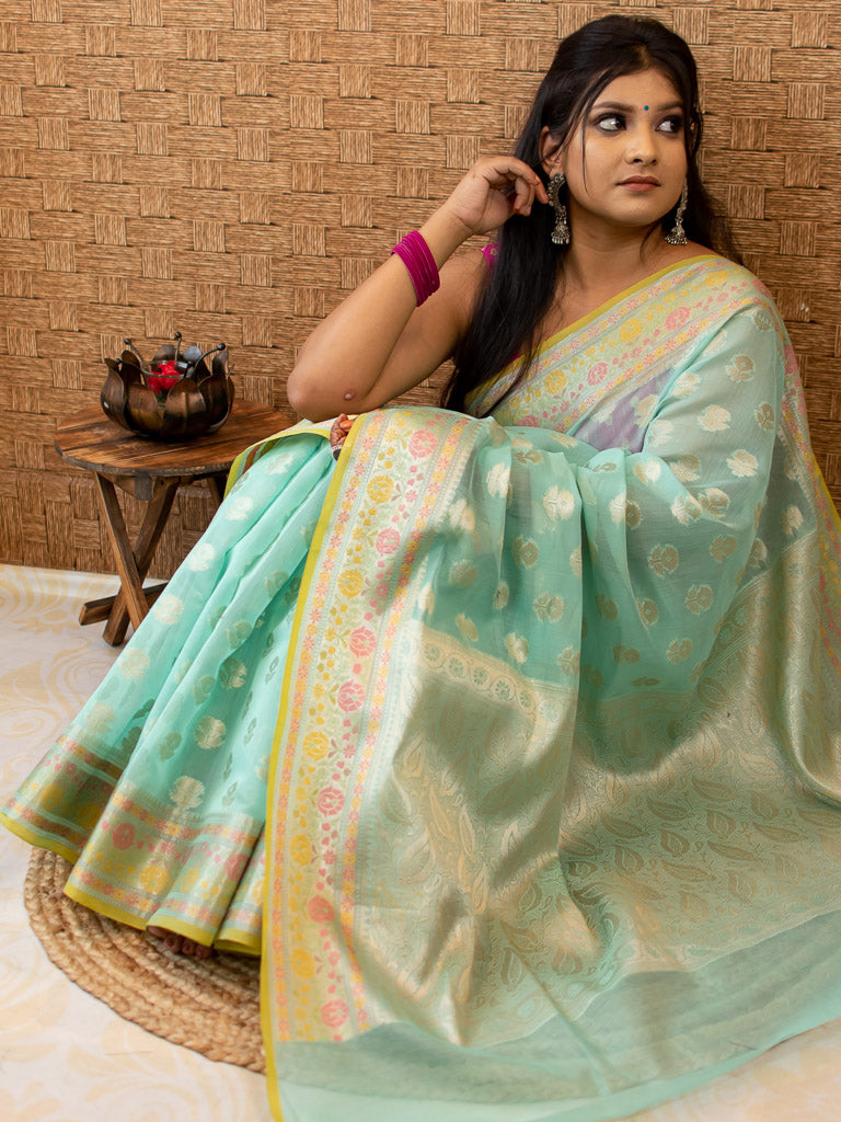 Banarasi Cotton Silk Resham & Zari Multi Coloured Weaving Saree-Blue