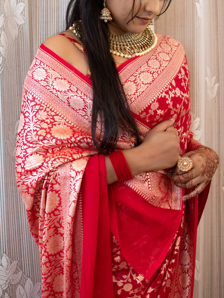Banarasi Pure Khaddi Georgette Saree With Jaal Zari Weaving-Red