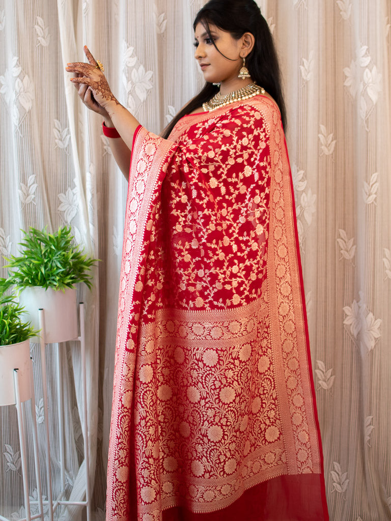 Banarasi Pure Khaddi Georgette Saree With Jaal Zari Weaving-Red