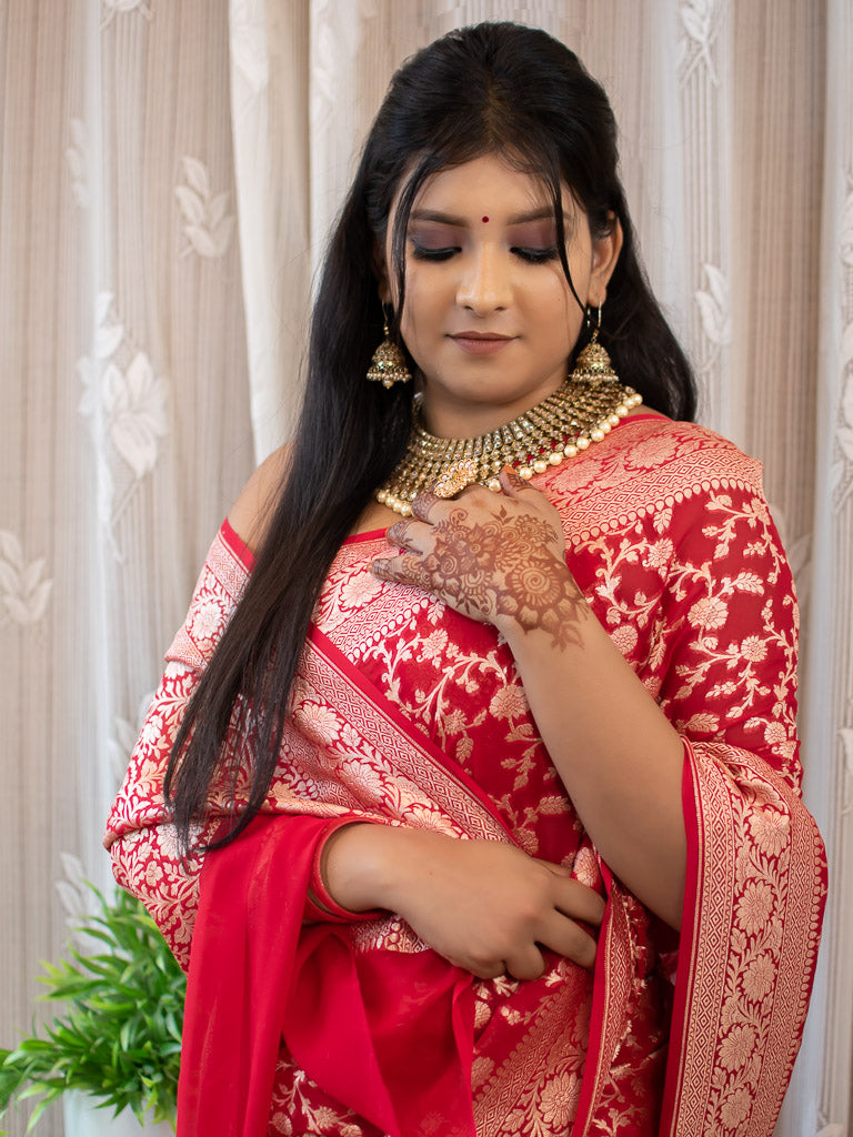 Banarasi Pure Khaddi Georgette Saree With Jaal Zari Weaving-Red