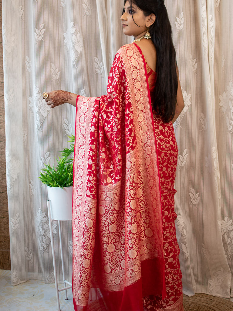 Banarasi Pure Khaddi Georgette Saree With Jaal Zari Weaving-Red