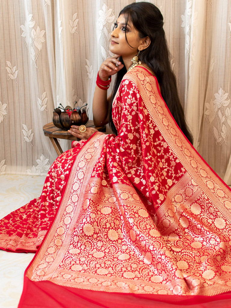 Banarasi Pure Khaddi Georgette Saree With Jaal Zari Weaving-Red