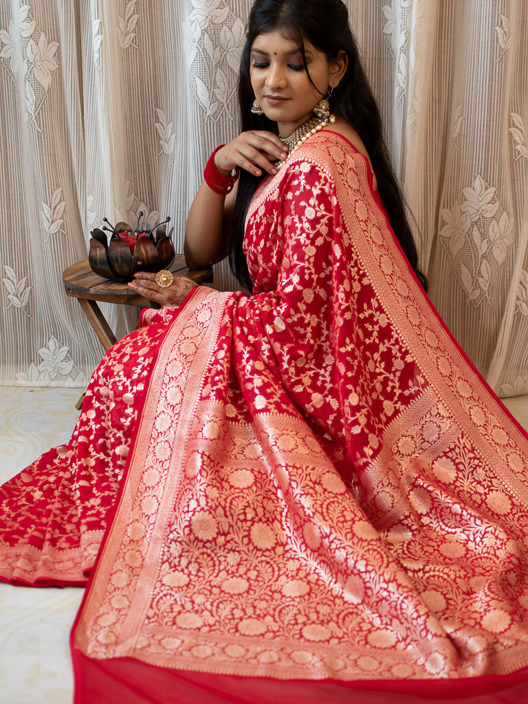 Banarasi Pure Khaddi Georgette Saree With Jaal Zari Weaving-Red