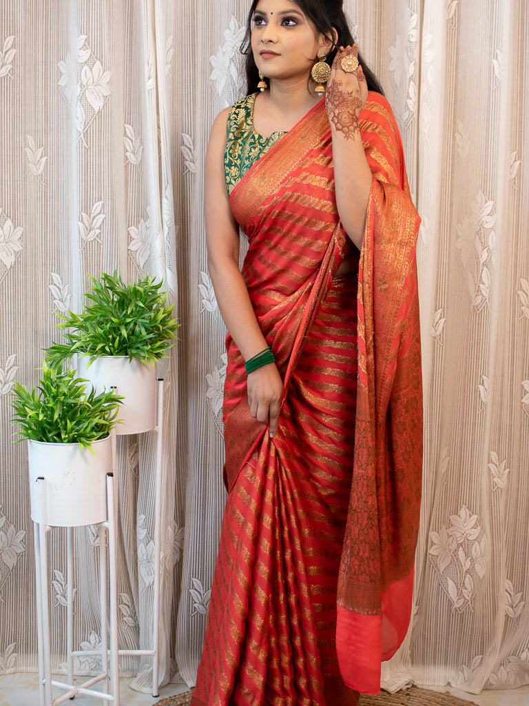 Banarasi Pure Georgette Saree With Aada Antique Zari Weaving-Red