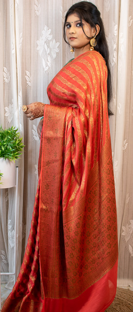 Banarasi Pure Georgette Saree With Aada Antique Zari Weaving-Red