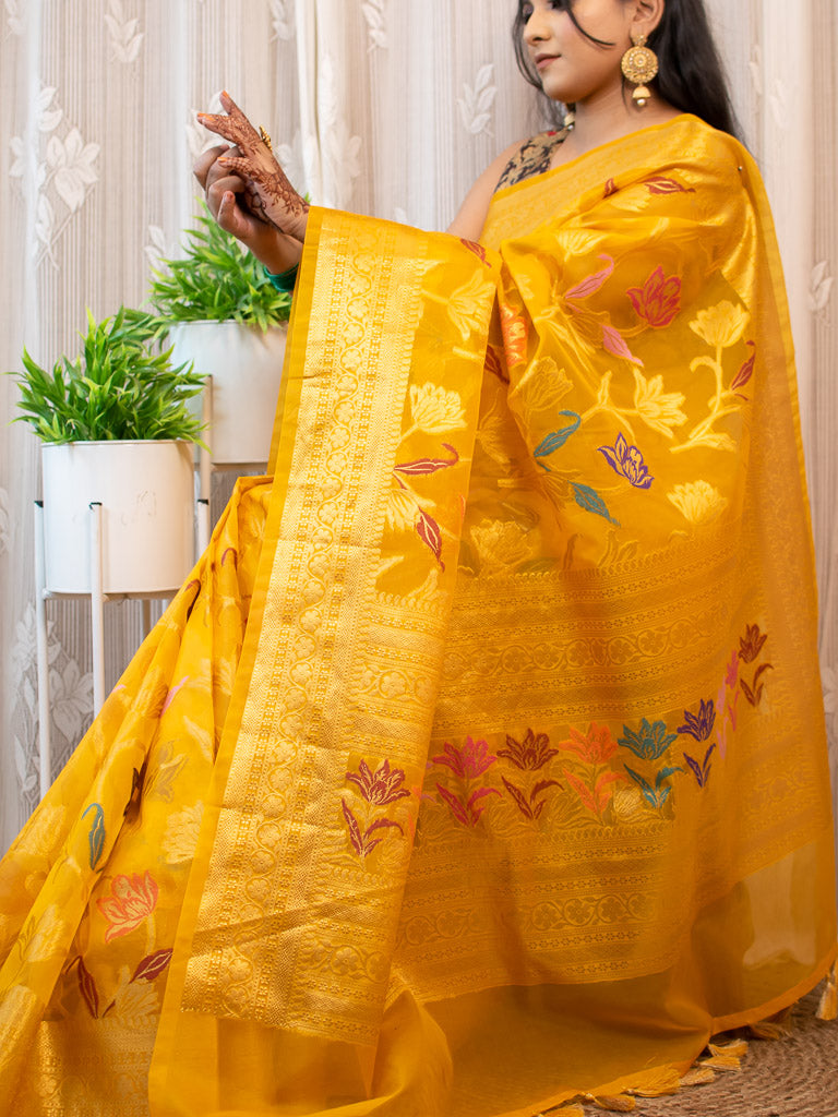 Banarasi Organza Saree With Zari & Resham Floral Weaving-DeepYellow