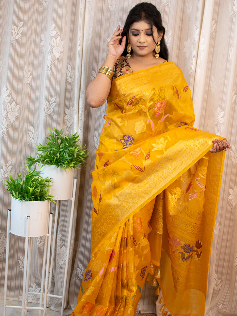 Banarasi Organza Saree With Zari & Resham Floral Weaving-DeepYellow