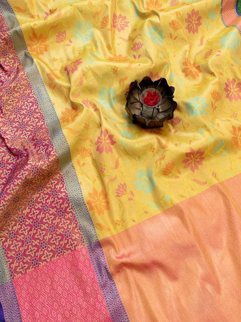 Banarasi Semi Silk Saree With Meena Floral & Zari Jaal Weaving & Skirt Border-Yellow