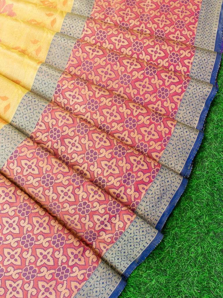 Banarasi Semi Silk Saree With Meena Floral & Zari Jaal Weaving & Skirt Border-Yellow