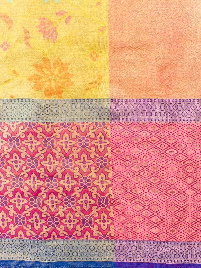 Banarasi Semi Silk Saree With Meena Floral & Zari Jaal Weaving & Skirt Border-Yellow