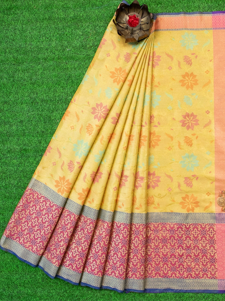 Banarasi Semi Silk Saree With Meena Floral & Zari Jaal Weaving & Skirt Border-Yellow