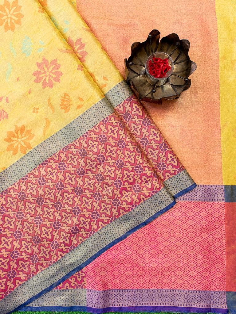 Banarasi Semi Silk Saree With Meena Floral & Zari Jaal Weaving & Skirt Border-Yellow
