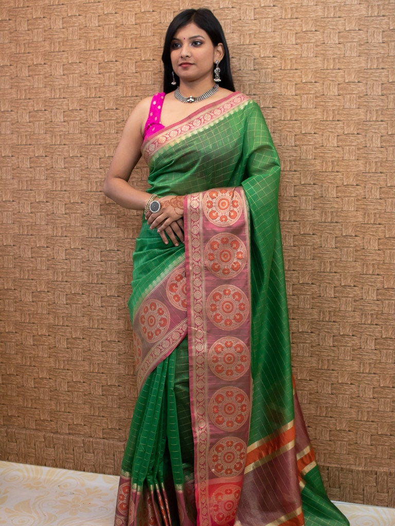 Banarasi Cotton Silk Saree Check Weaving & Contrast Buta Border-Green & Pink