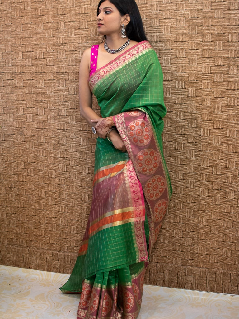 Banarasi Cotton Silk Saree Check Weaving & Contrast Buta Border-Green & Pink