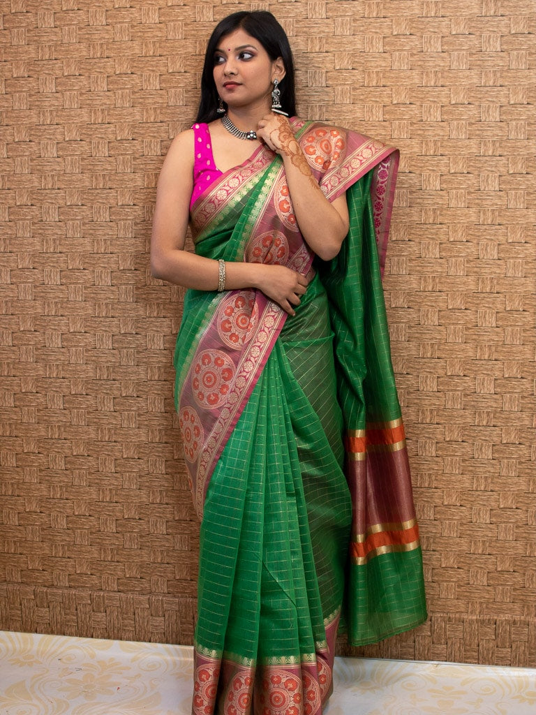 Banarasi Cotton Silk Saree Check Weaving & Contrast Buta Border-Green & Pink