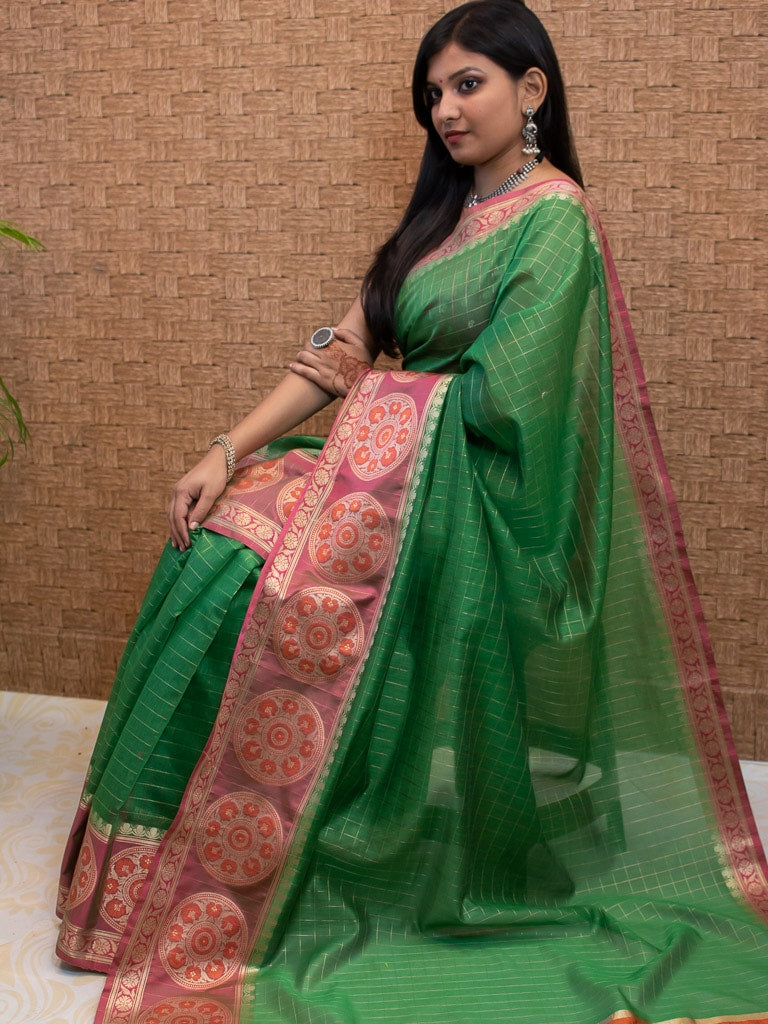 Banarasi Cotton Silk Saree Check Weaving & Contrast Buta Border-Green & Pink