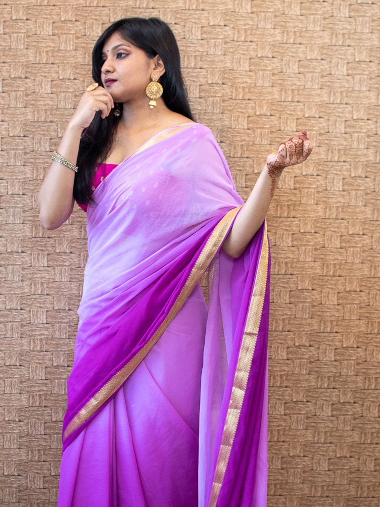 Banarasi Dual Shade Semi Chiffon Saree Gold Zari Border & Pallu-Lavender & Purple