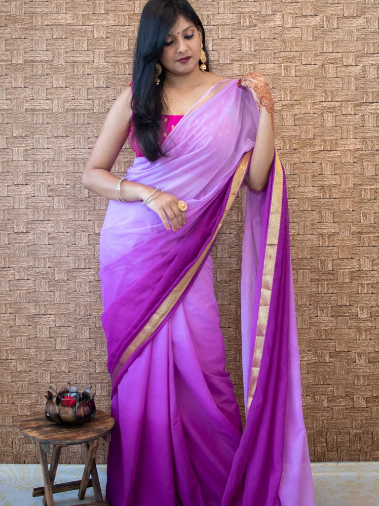 Banarasi Dual Shade Semi Chiffon Saree Gold Zari Border & Pallu-Lavender & Purple