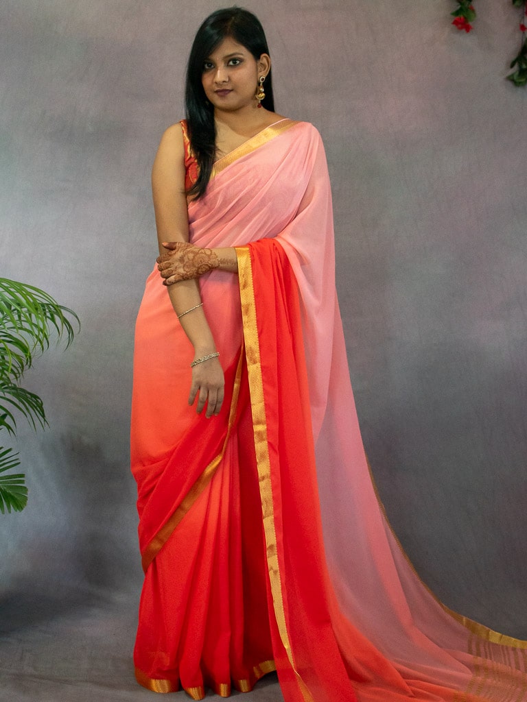 Banarasi Dual Shade Semi Chiffon Saree Gold Zari Border & Pallu-Peach & Pink