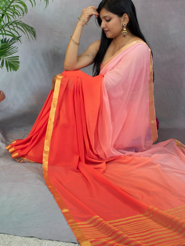 Banarasi Dual Shade Semi Chiffon Saree Gold Zari Border & Pallu-Peach & Pink