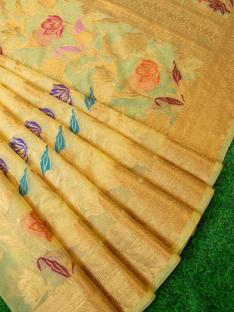 Banarasi Organza Saree With Zari & Resham Floral Weaving-Yellow