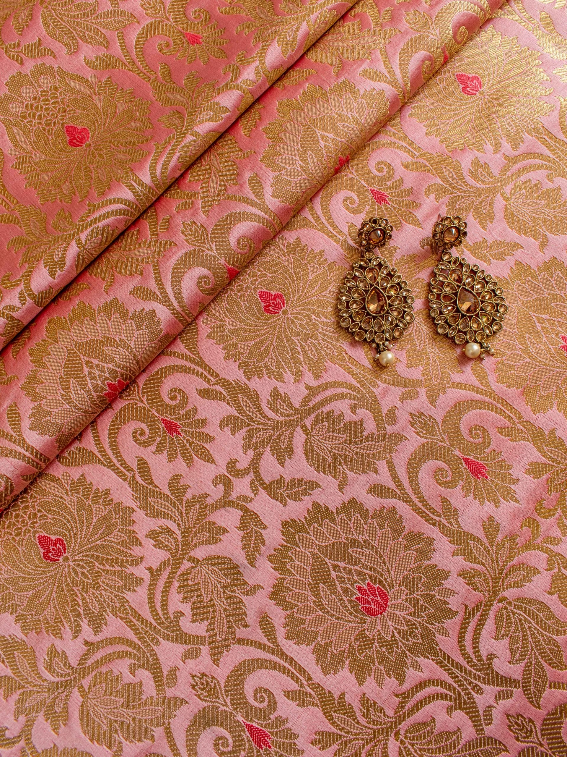 Banarasi Brocade Zari & Meena Buti Weaving Fabric-Peach