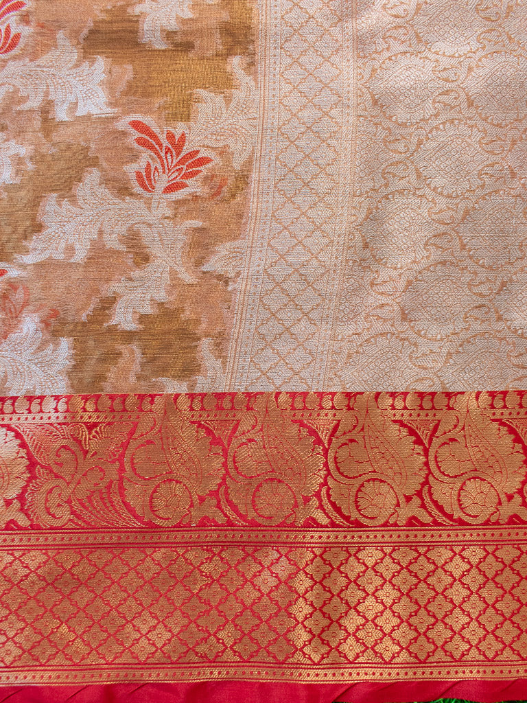 Banarasi Tissue Silver Zari Weaving Saree With Contrast Skirt Border