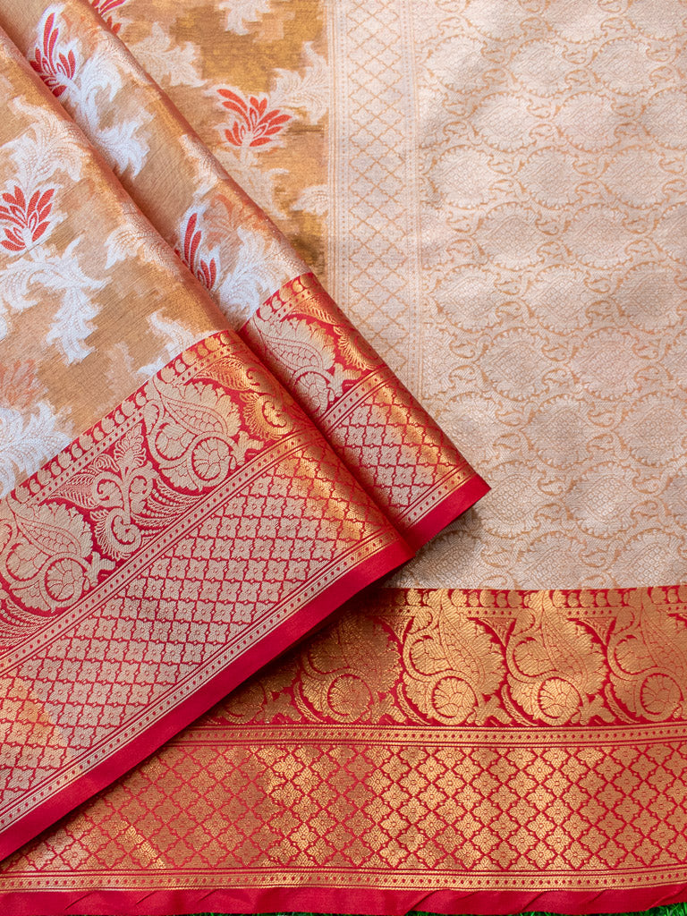 Banarasi Tissue Silver Zari Weaving Saree With Contrast Skirt Border