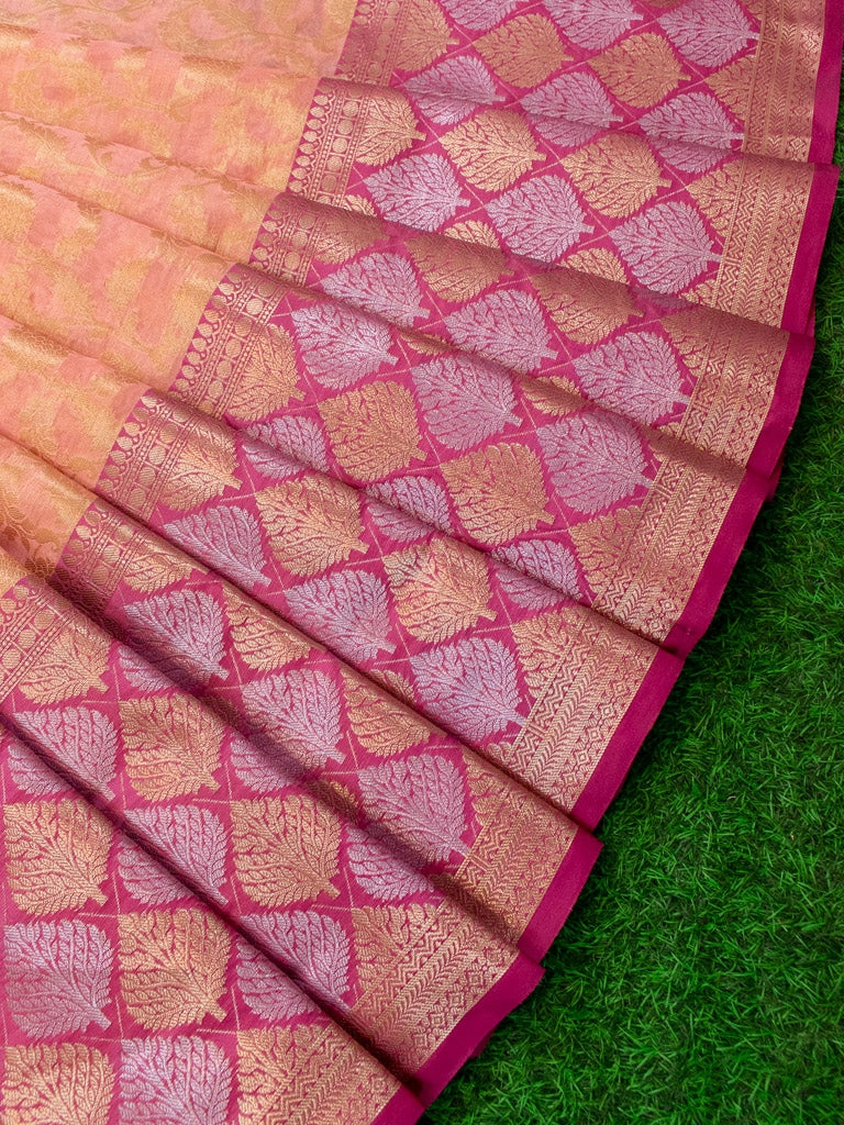 Banarasi Kora Saree With Silver Zari Buti Weaving & Contrast Skirt Border-Peach