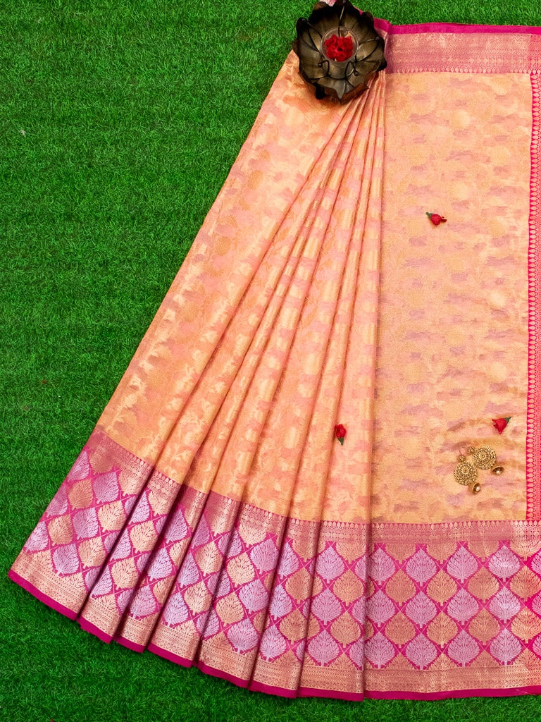 Banarasi Kora Saree With Silver Zari Buti Weaving & Contrast Skirt Border-Peach