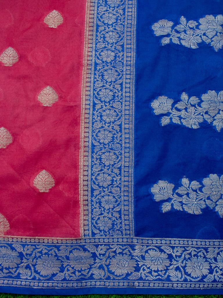 Banarasi Semi Chiffon Saree Silver Zari Buti Weaving & Contrast Border-Pink & Blue