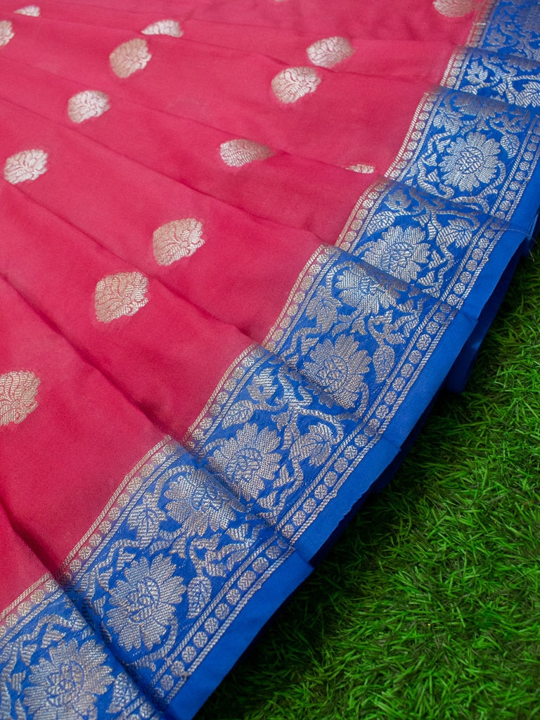 Banarasi Semi Chiffon Saree Silver Zari Buti Weaving & Contrast Border-Pink & Blue