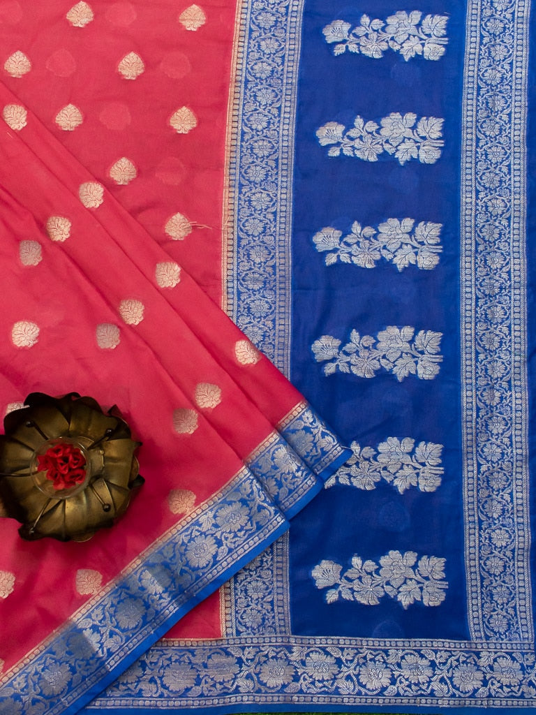 Banarasi Semi Chiffon Saree Silver Zari Buti Weaving & Contrast Border-Pink & Blue