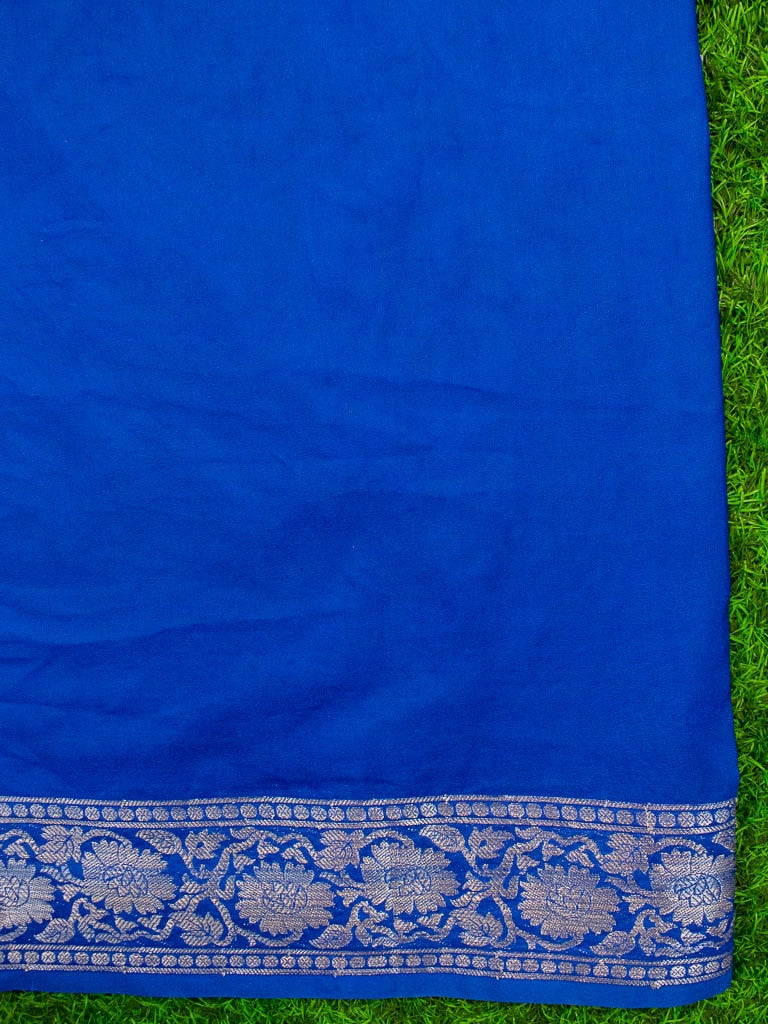 Banarasi Semi Chiffon Saree Silver Zari Buti Weaving & Contrast Border-Pink & Blue