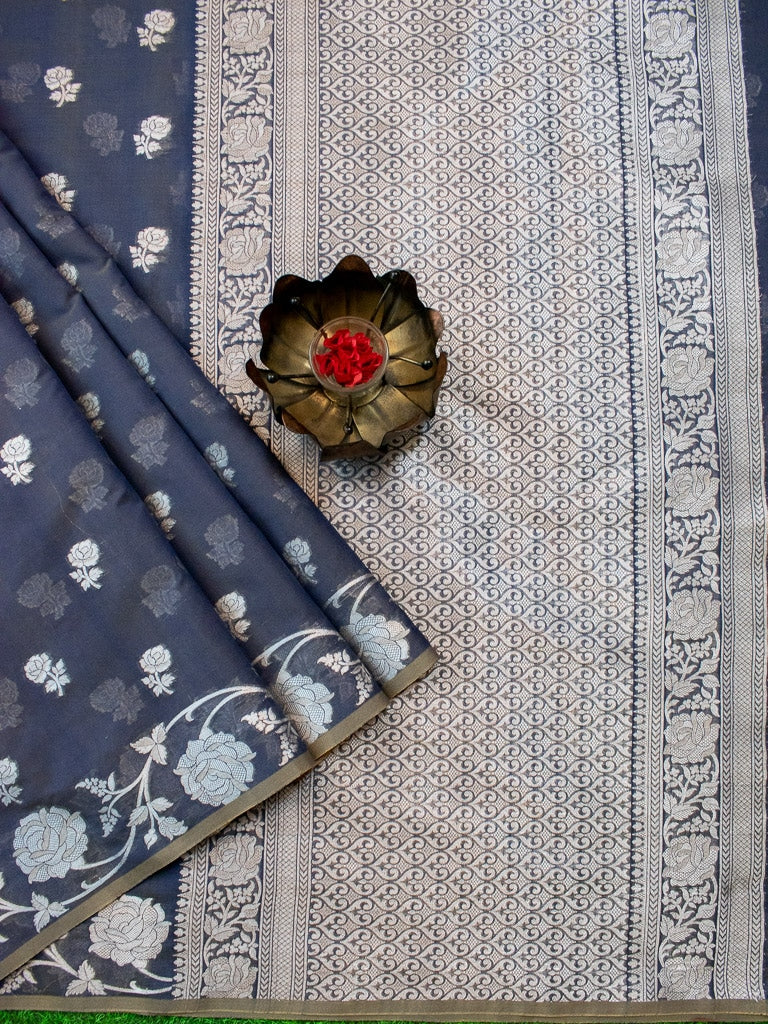 Banarasi Kora Saree With Silver Zari Buti Weaving & Floral Border-Grey
